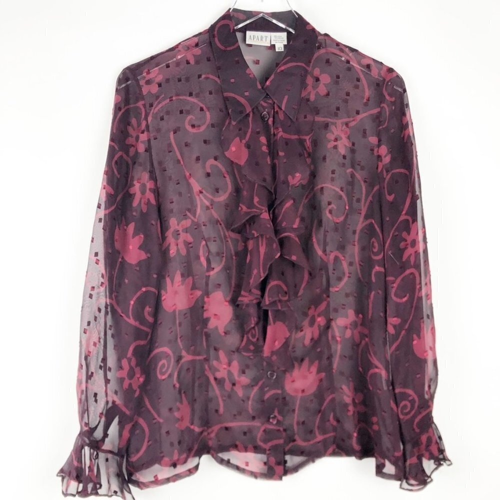 Vintage Apart Impressions Sheer Silk Blouse Womens 10 Wine Ruffled Floral Print